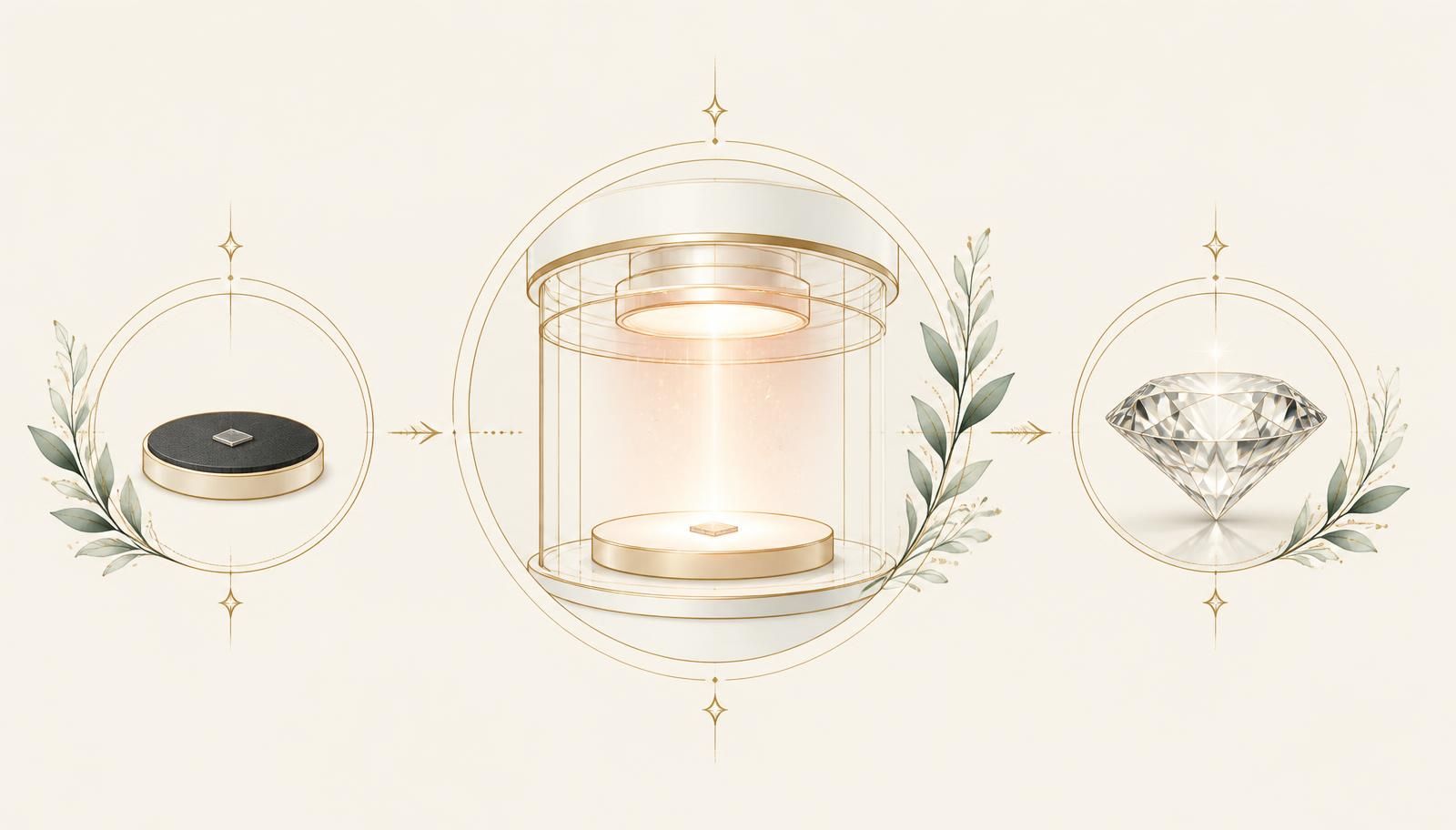 Diagram of a diamond seed, a growth chamber and a finished faceted diamond
