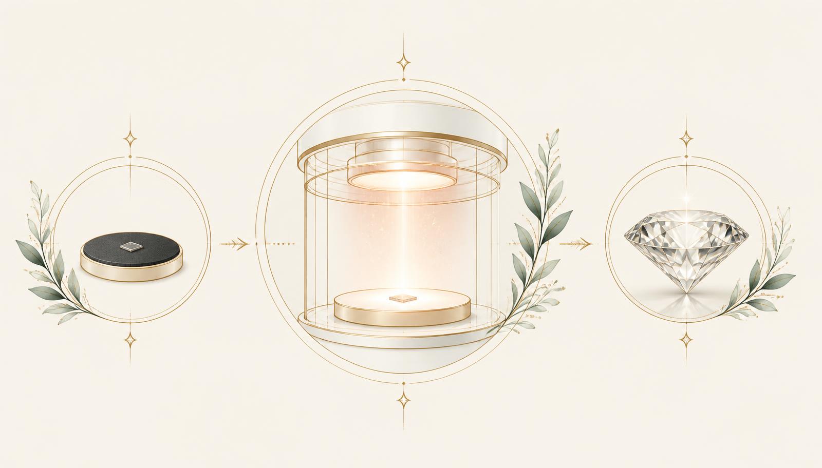 Diagram of a diamond seed, growth chamber and finished faceted diamond