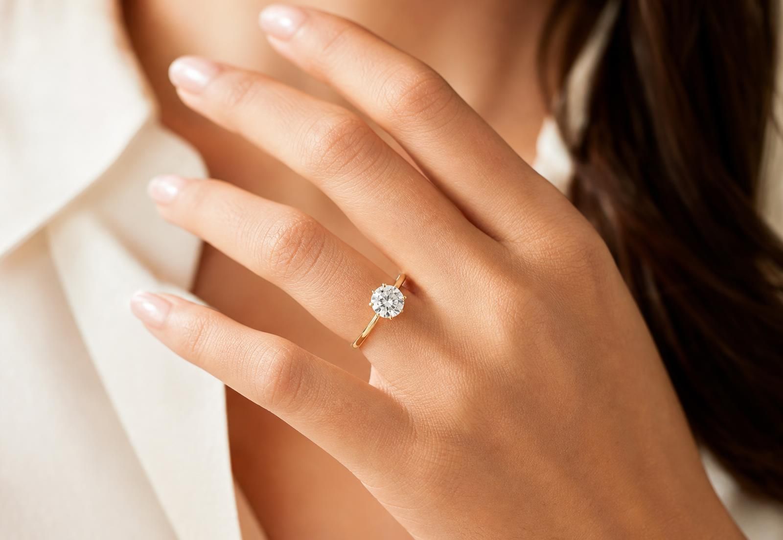 Hand wearing a laboratory-grown diamond solitaire engagement ring