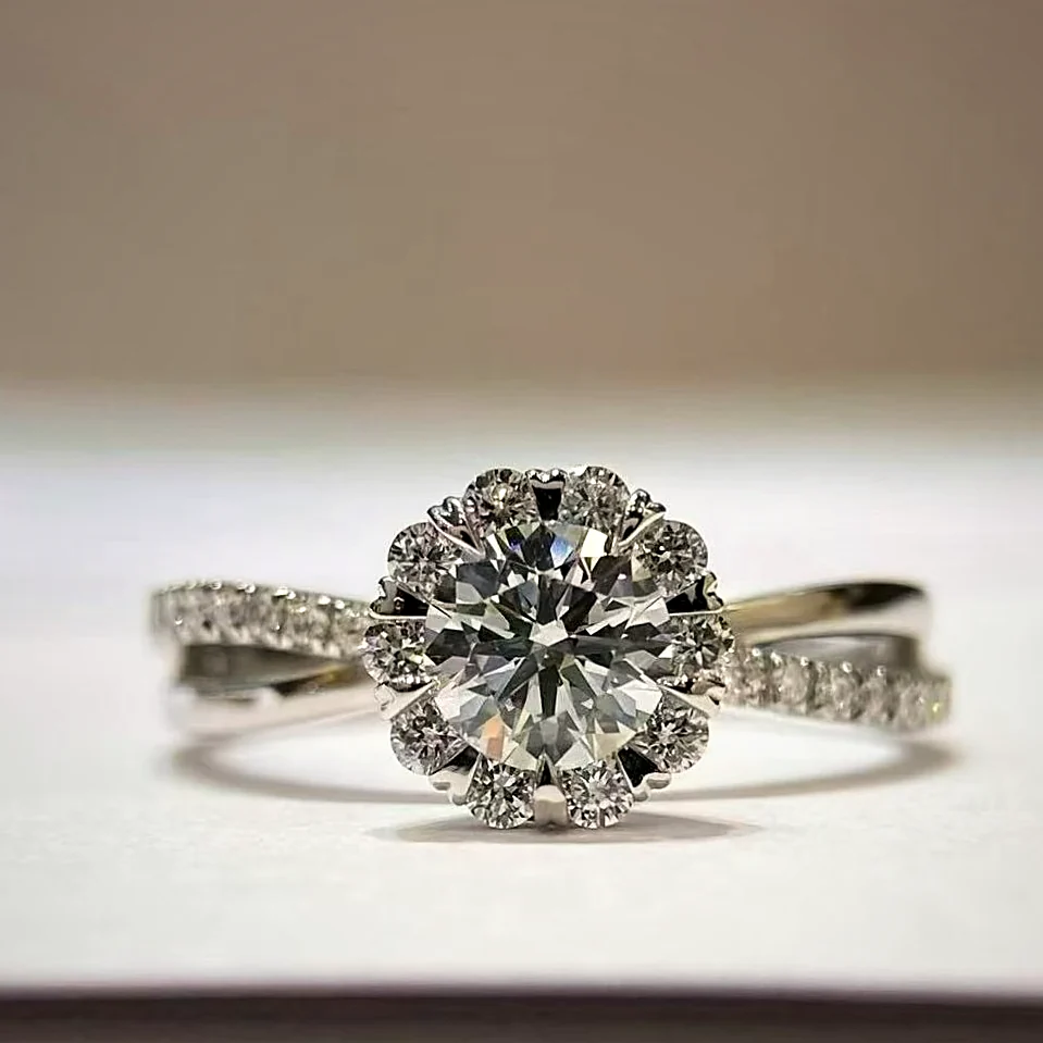 Round Floral Halo with Crossover Band in white gold with laboratory-grown diamonds