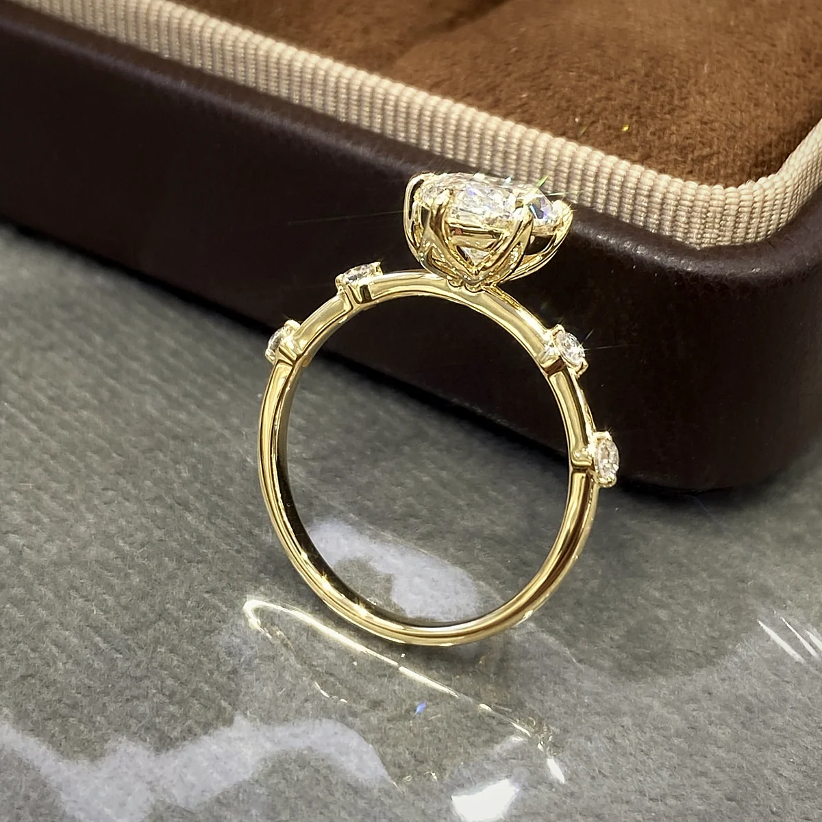 Solitaire with Station-Set Diamonds in yellow gold with laboratory-grown diamonds