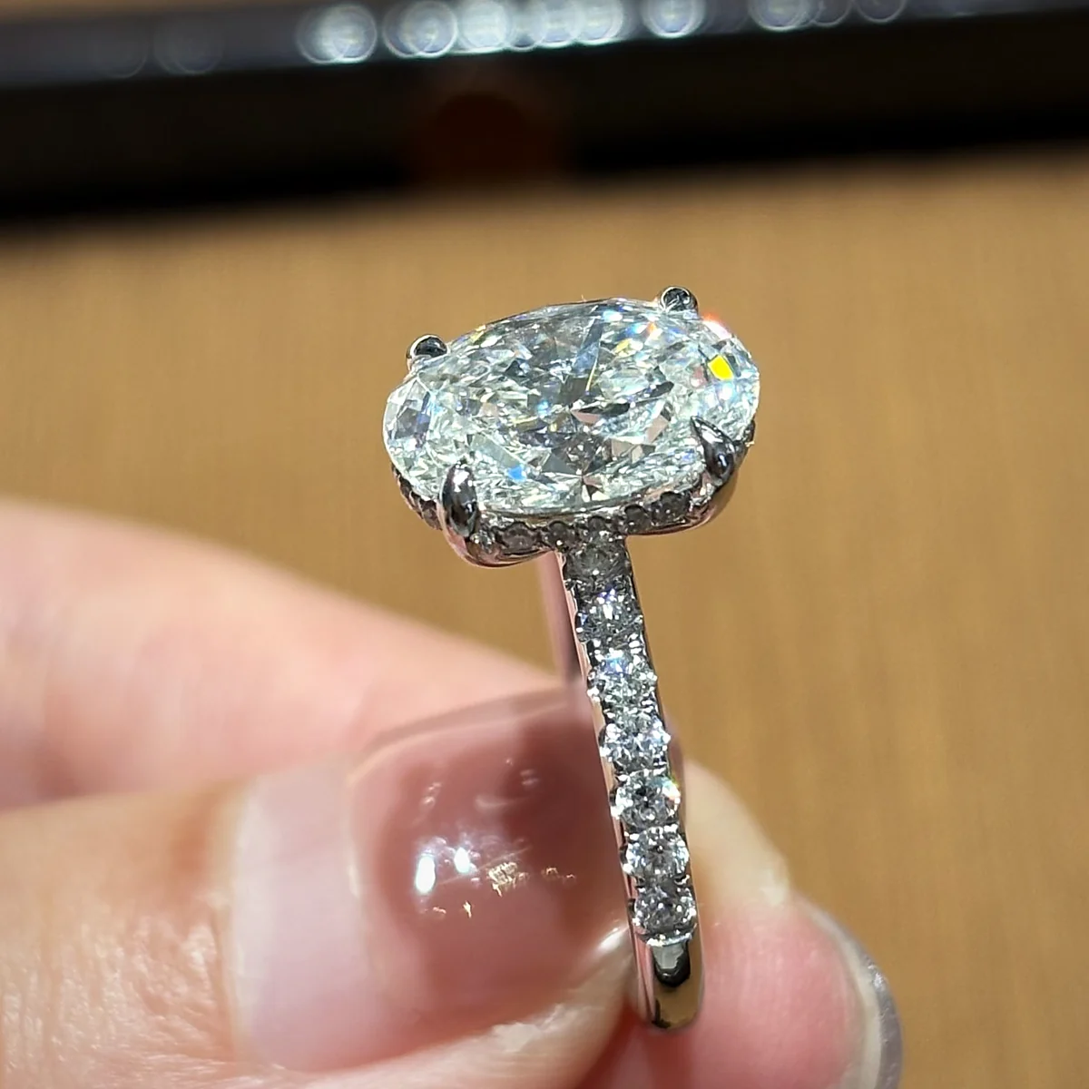 Oval Hidden-Halo Pavé Ring in white gold with laboratory-grown diamonds