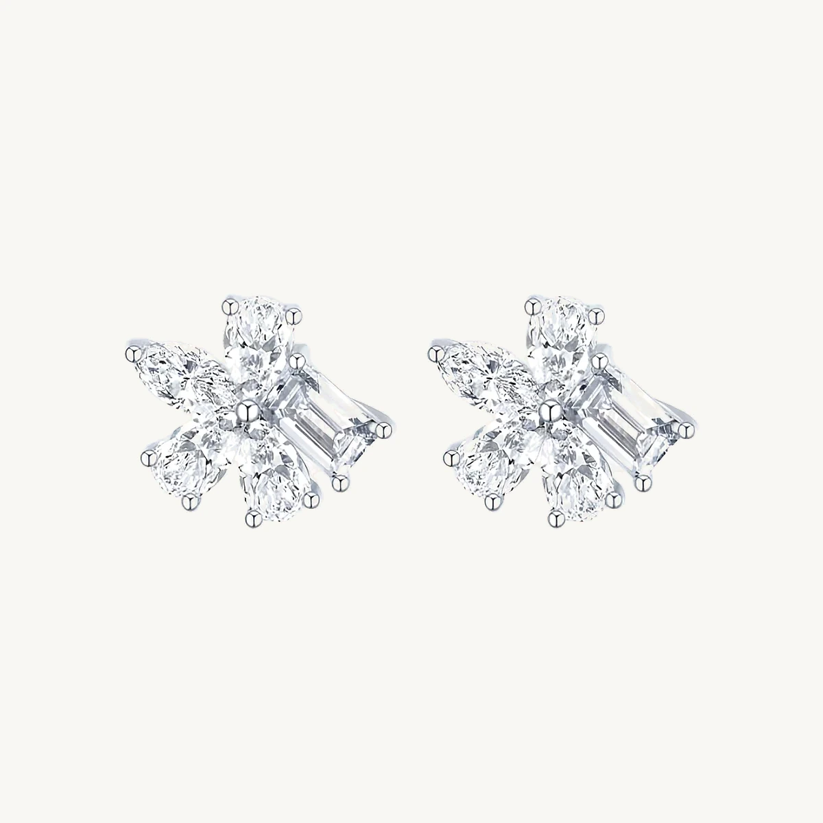 Baguette & Marquise Cluster Studs in 14k White Gold