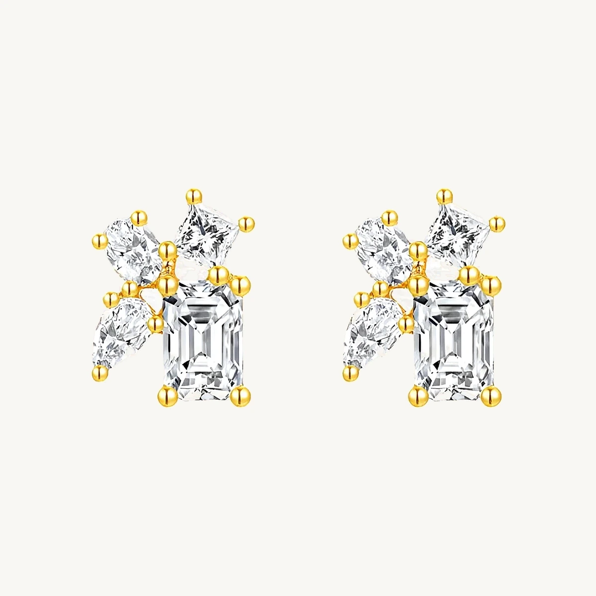 Emerald & Pear Cluster Studs in 14k White & Yellow Gold