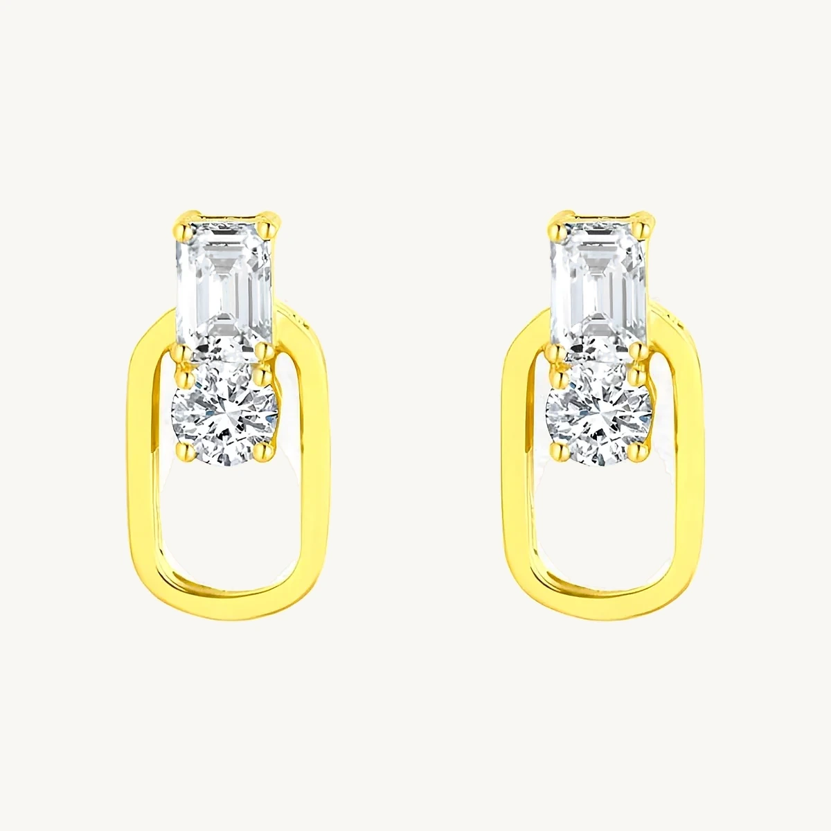 Emerald & Round Frame Earrings in 14k Yellow Gold