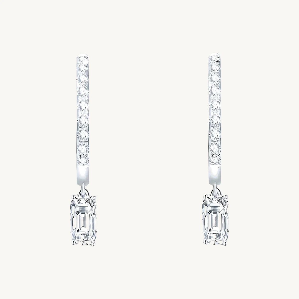 Emerald-Cut Drop Pavé Hook Earrings in 14k White Gold