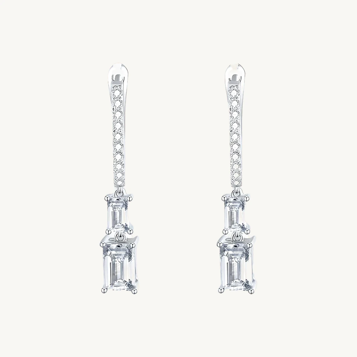 Emerald-Cut Drop Pavé Hoop Earrings in 14k White Gold
