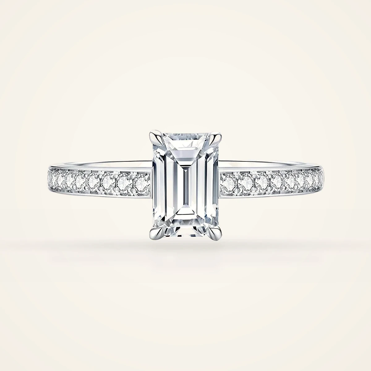 Emerald-Cut Pavé Solitaire Ring in 14k White Gold