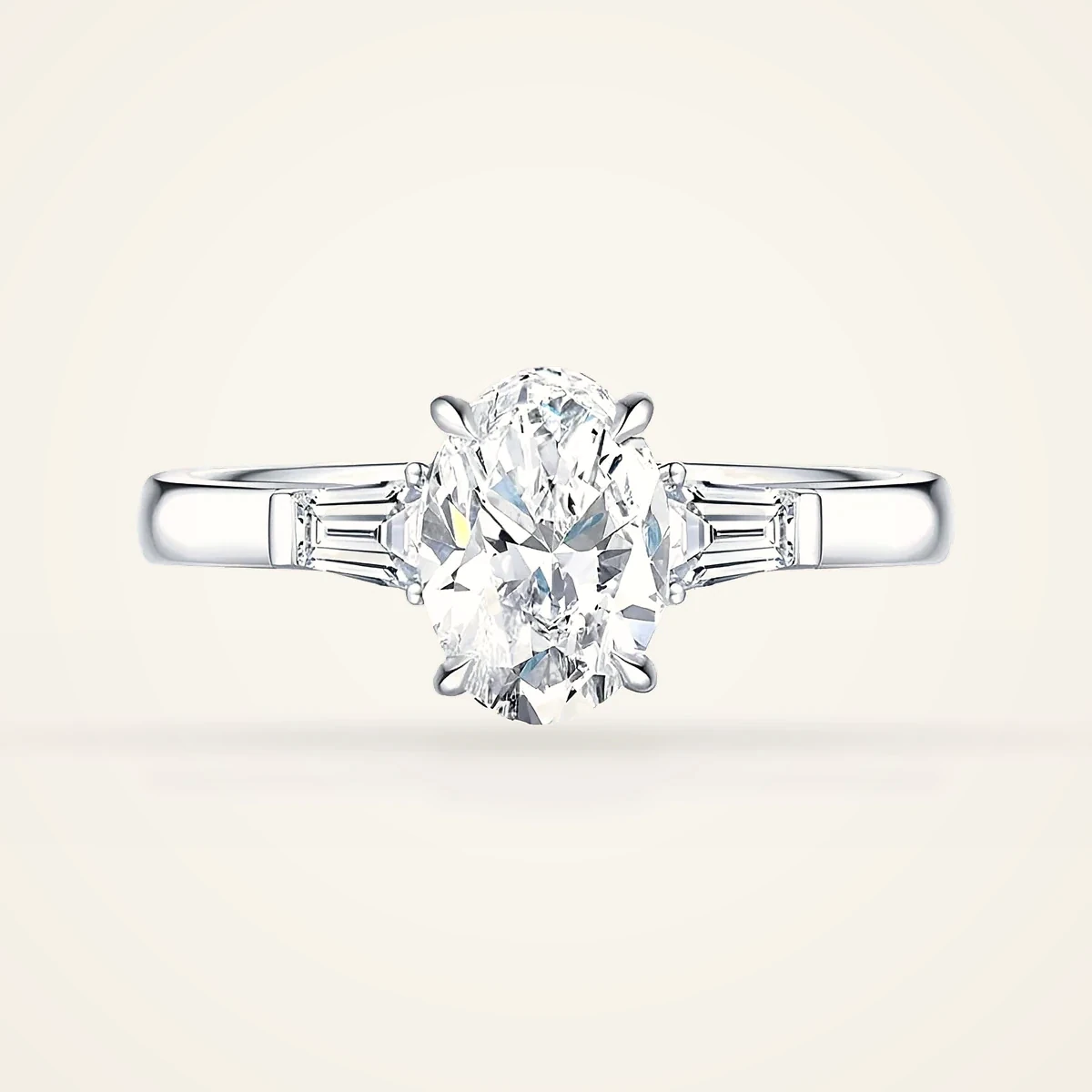 Oval Ring with Tapered Baguettes in 14k White Gold