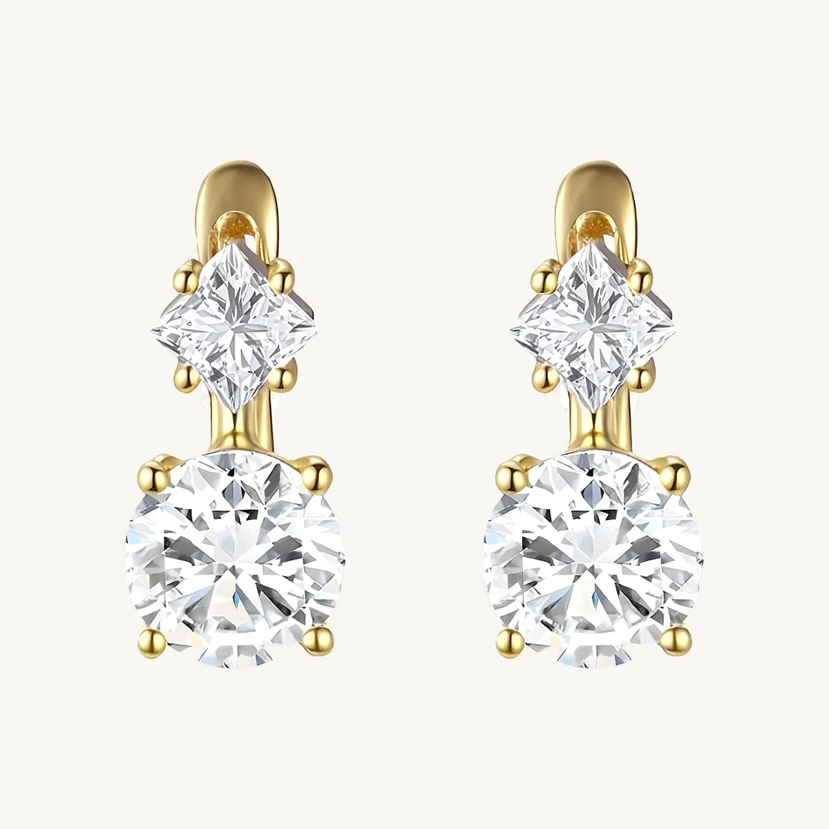 Princess & Round Drop Earrings in 14k Yellow Gold
