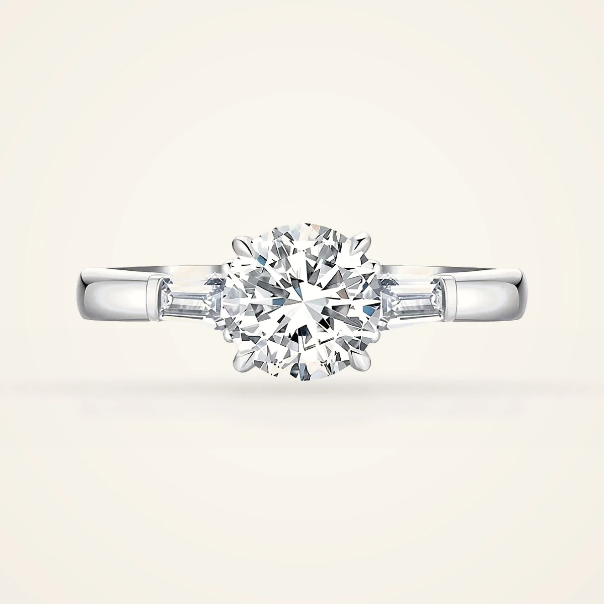 Round Ring with Baguette Sides in 14k White Gold