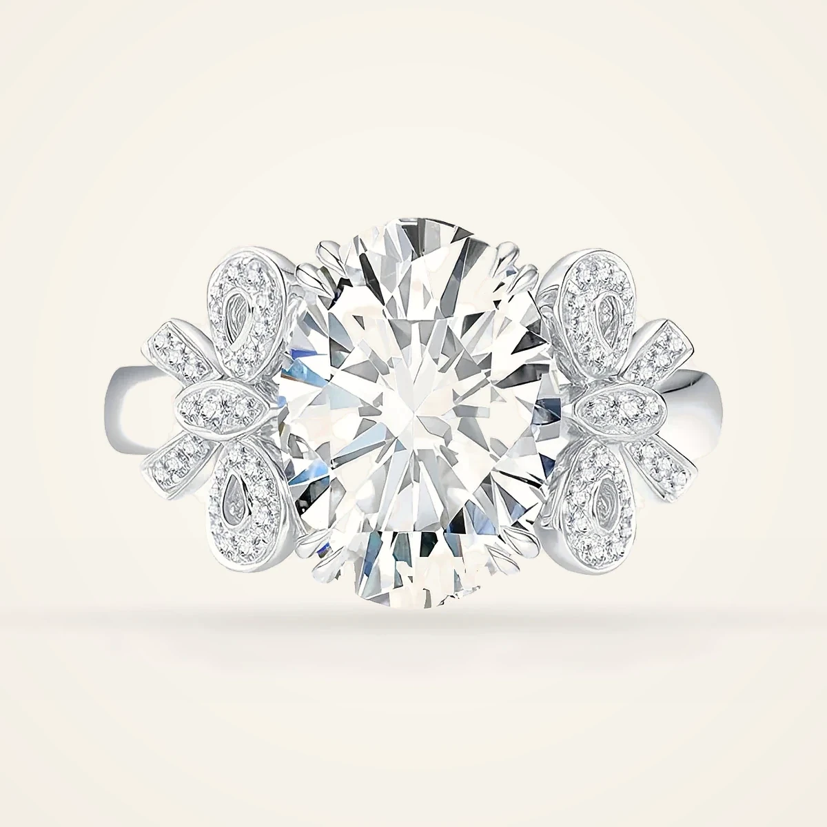 Round Ring with Floral Shoulders in 14k White Gold