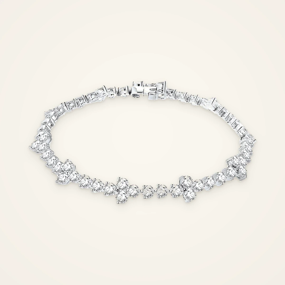 Round Tennis Bracelet with Cluster Stations in 14k White Gold