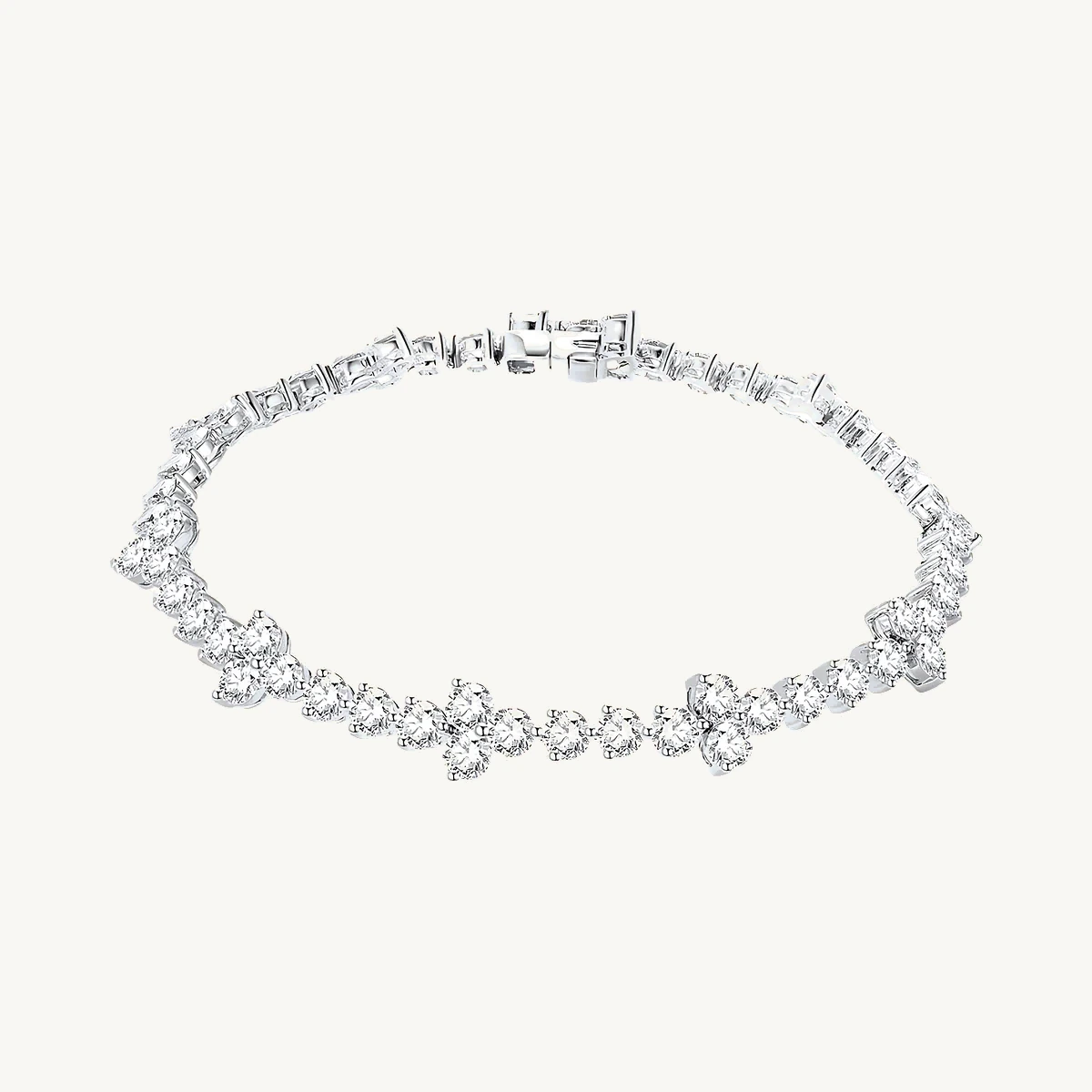 Round Tennis Bracelet with Cluster Stations in 14k White Gold